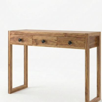 Wooden desk with three drawers on a white background
