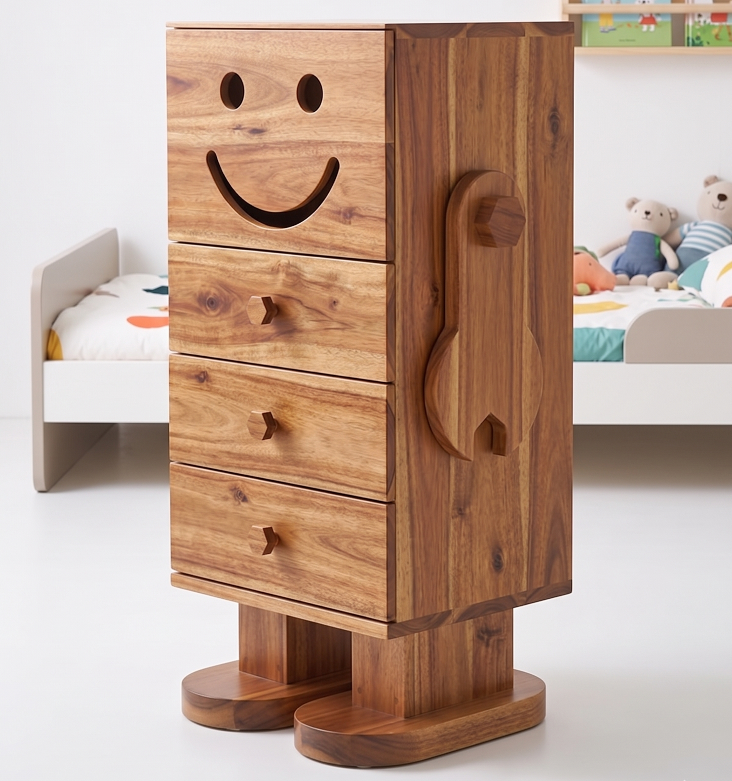 Wooden drawer unit with smiley face design in a child's bedroom