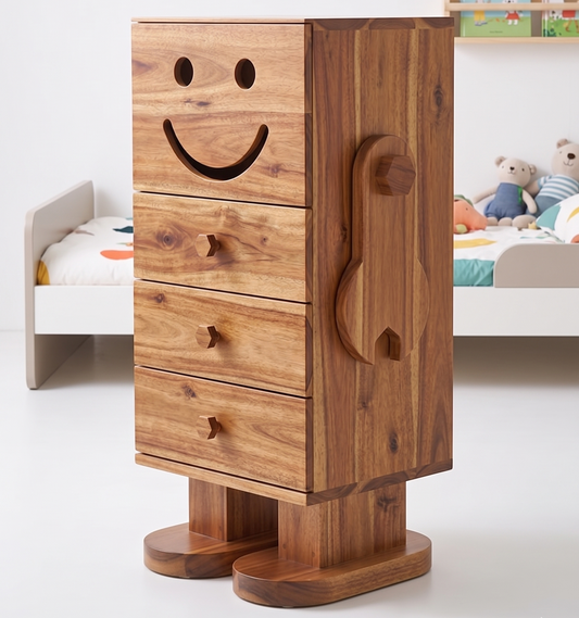 Wooden drawer unit with smiley face design in a child's bedroom