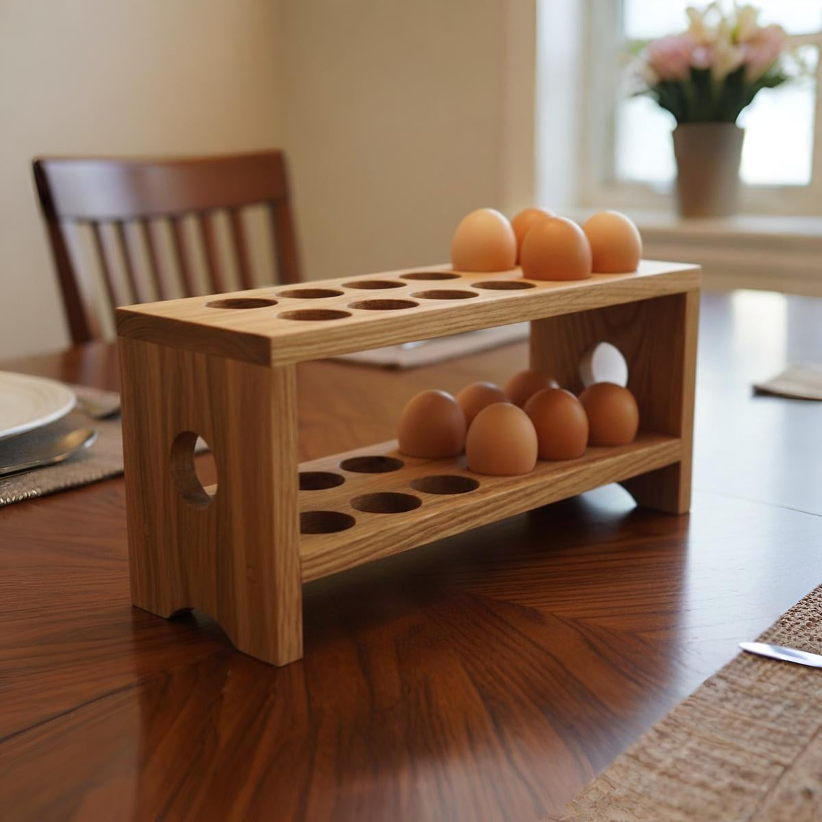 Wooden egg holder with eggs on a wooden table