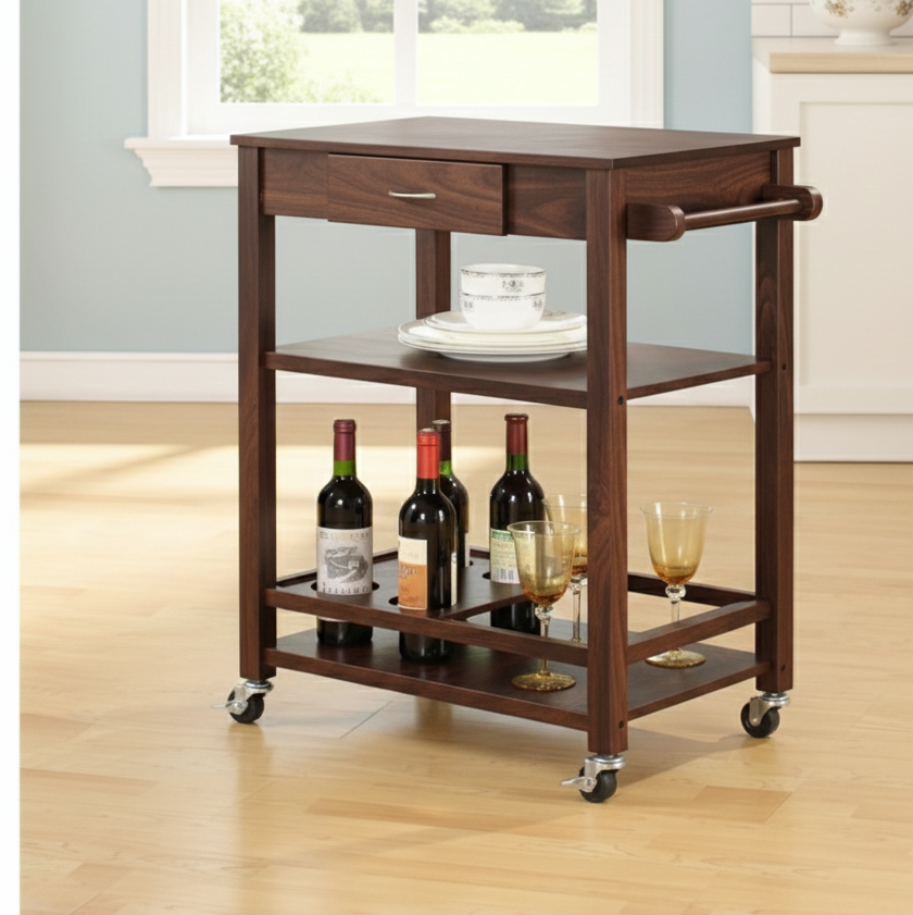 Wooden kitchen cart with wine bottles and glasses on a wooden floor.