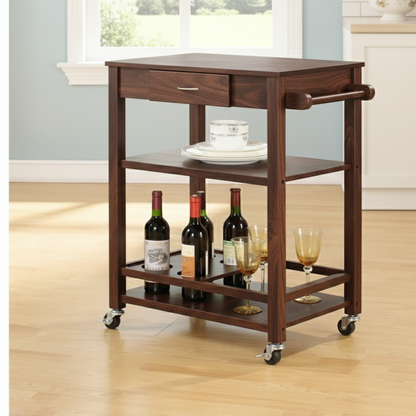 Wooden kitchen cart with wine bottles and glasses on a wooden floor.