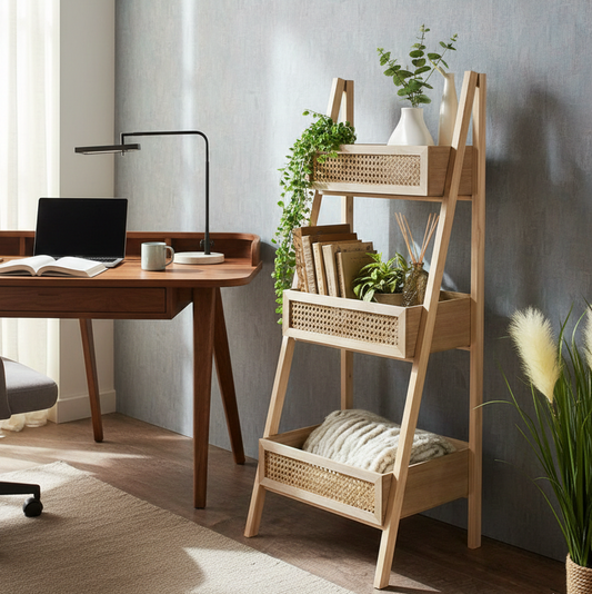 Wooden ladder shelf with plants and books in a home office setting