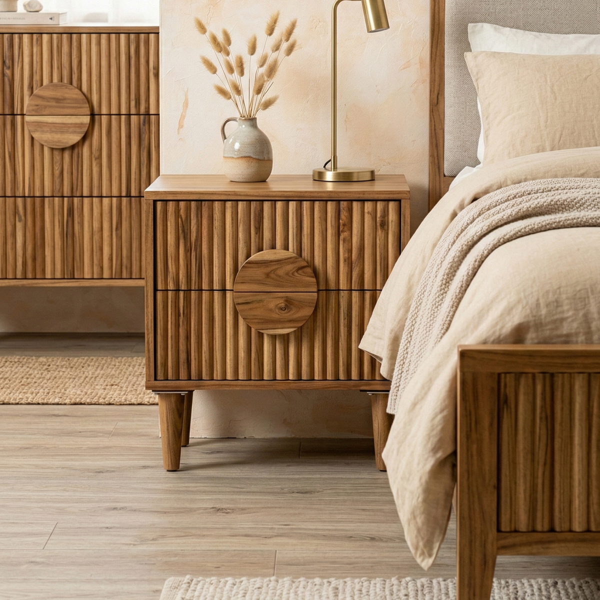 Wooden nightstand with decorative items in a bedroom setting