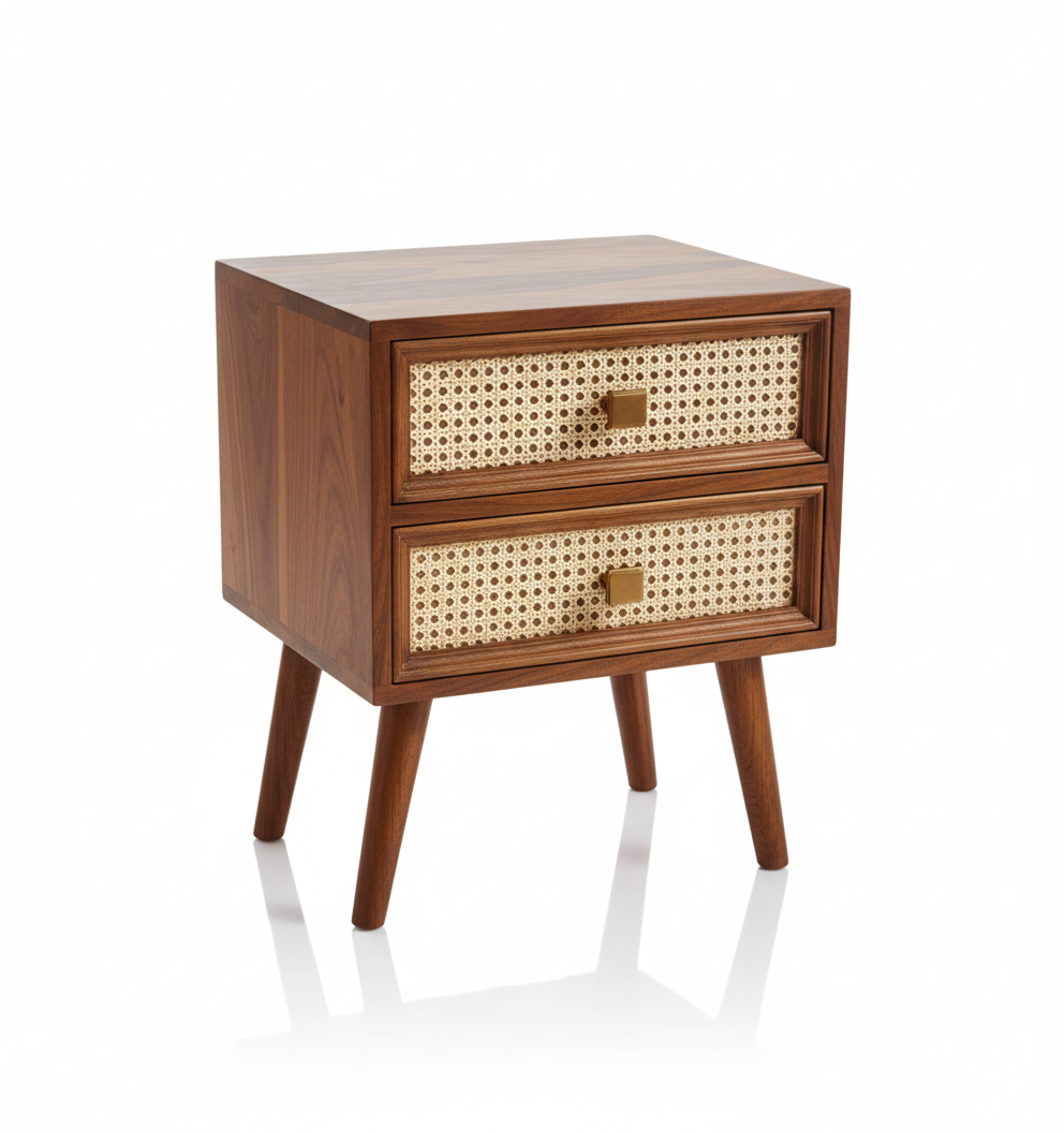 Wooden nightstand with wicker drawers on a white background