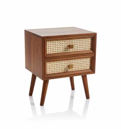 Wooden nightstand with wicker drawers on a white background