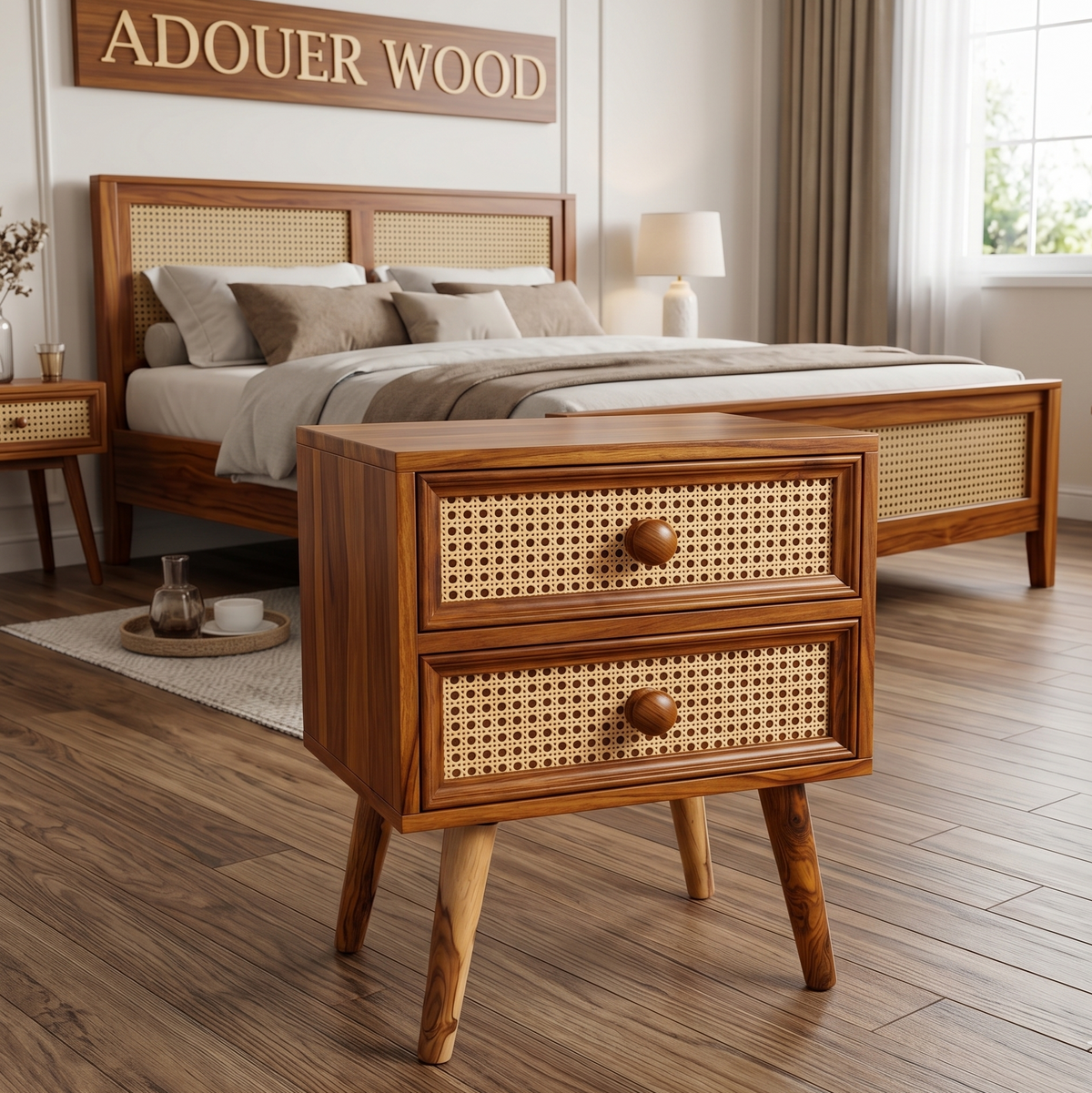 Wooden nightstand with woven design in a bedroom setting