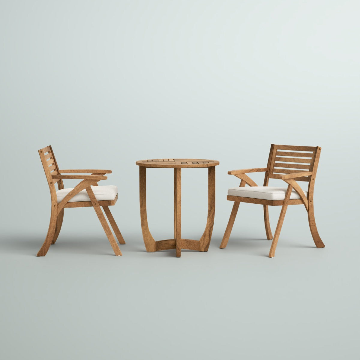 Wooden outdoor furniture set with two chairs and a table on a light gray background
