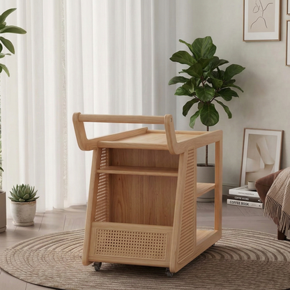 Wooden serving cart in a room with plants and decor