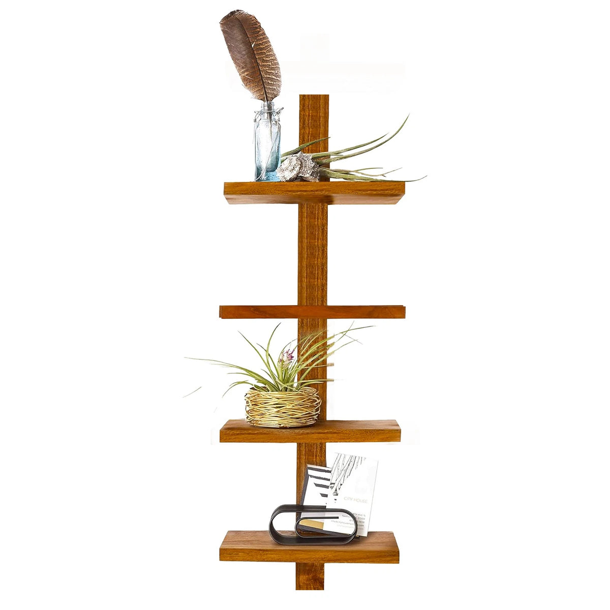 Wooden shelf with decorative items on a white background