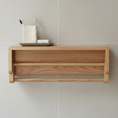 Wooden shelf mounted on a tiled wall with minimal decor.