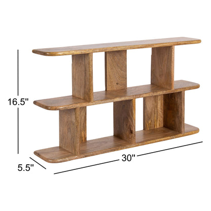 Wooden shelf with dimensions on a white background