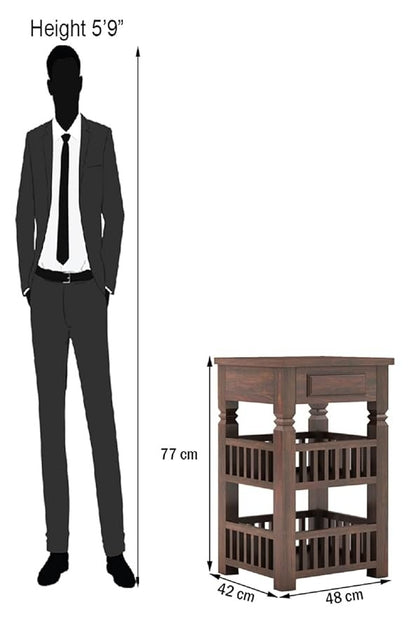 Wooden side table with dimensions shown relative to a 5'9" person