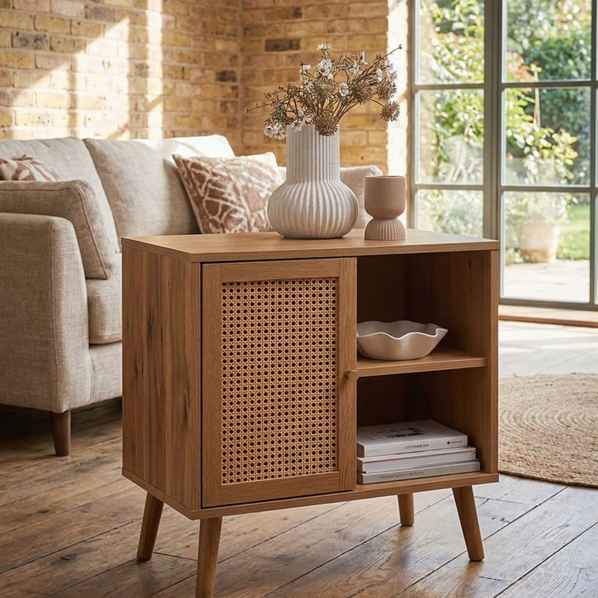 Wooden side table with decorative items in a living room setting