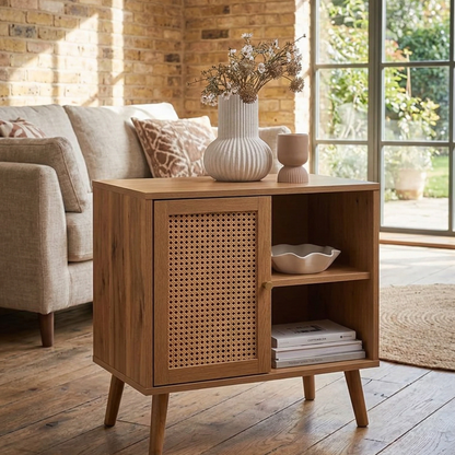 Wooden side table with decorative items in a living room setting