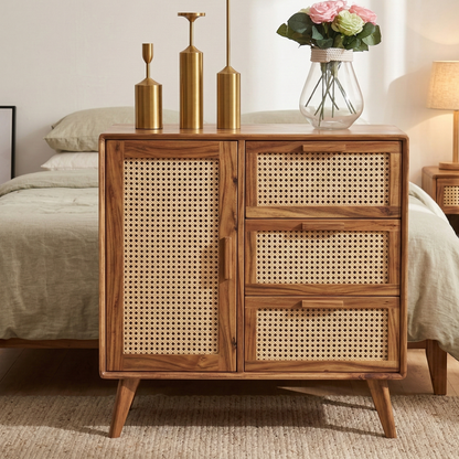 Wooden sideboard with wicker doors in a bedroom setting