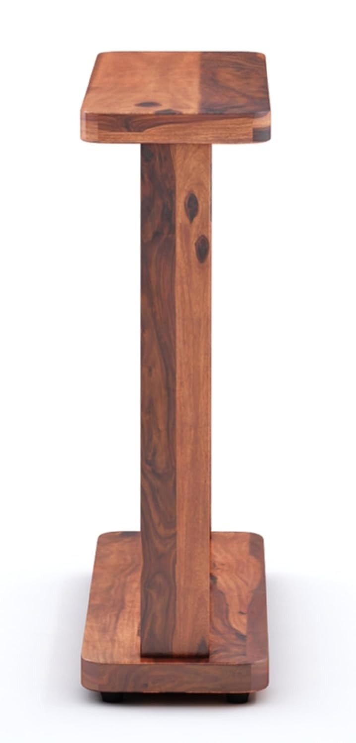 Wooden stool with a square top and cylindrical base on a white background