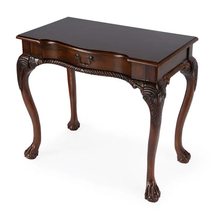 Wooden table with curved legs on a white background