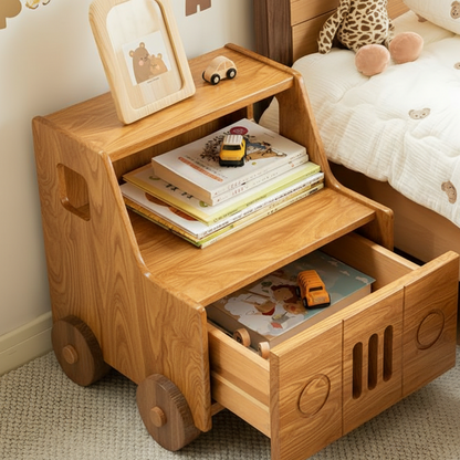 Wooden toy truck with books and toys on a carpeted floor.