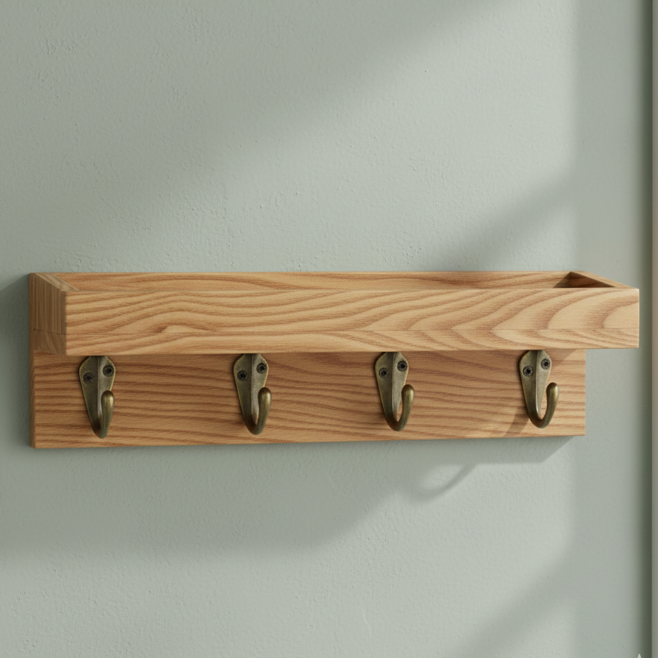 Wooden wall shelf with four hooks on a light gray wall