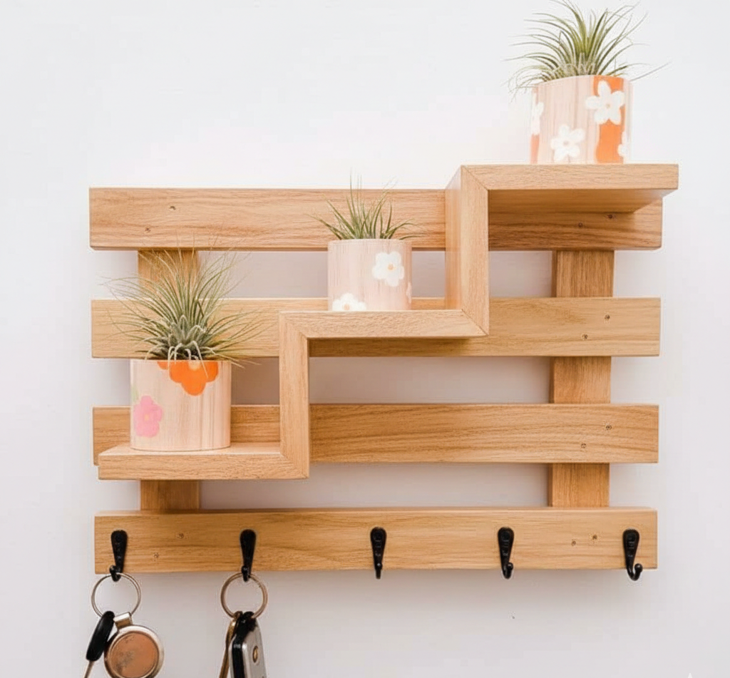 Wooden wall shelf with planters and hooks on a white wall