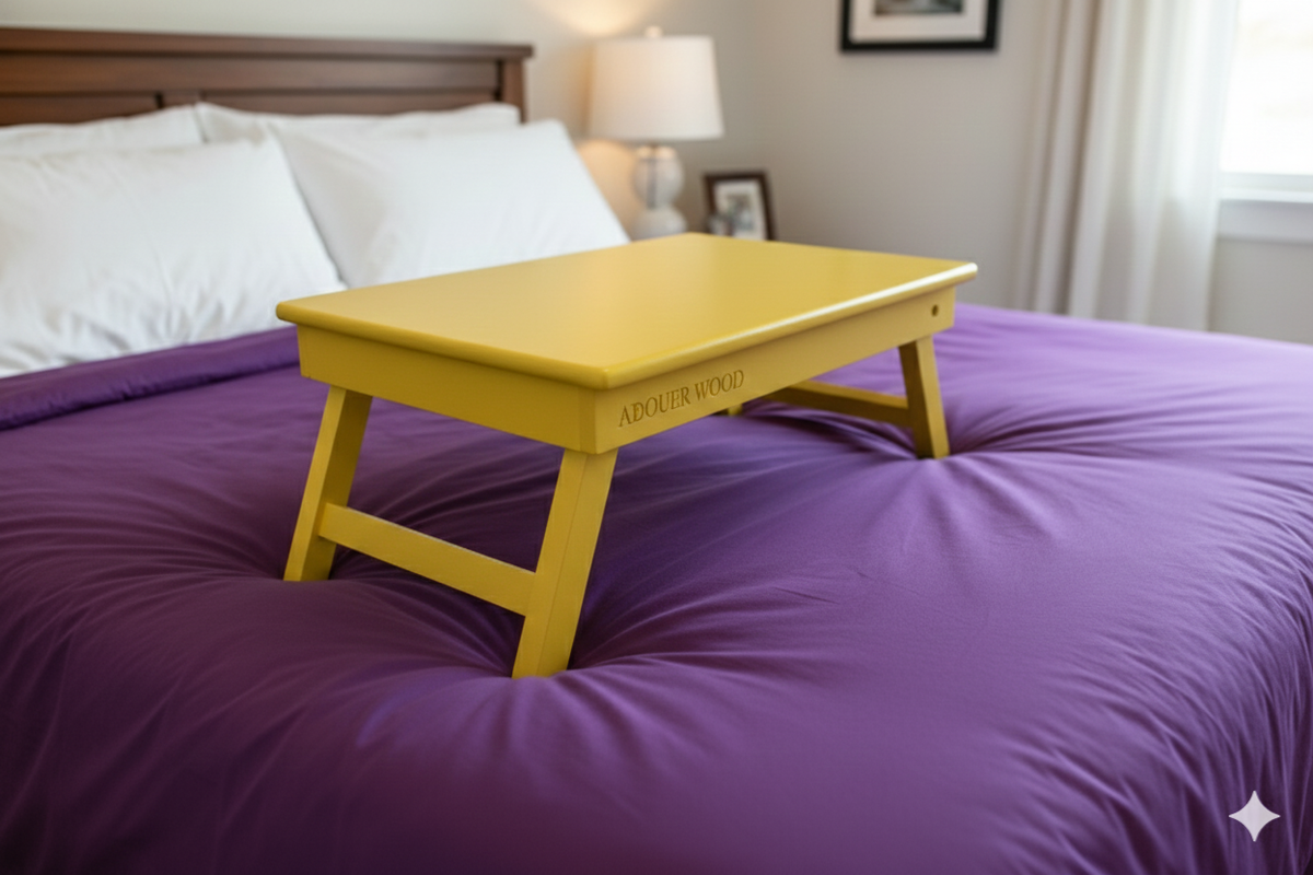 Yellow adjustable bed tray on a purple bed in a bedroom setting.