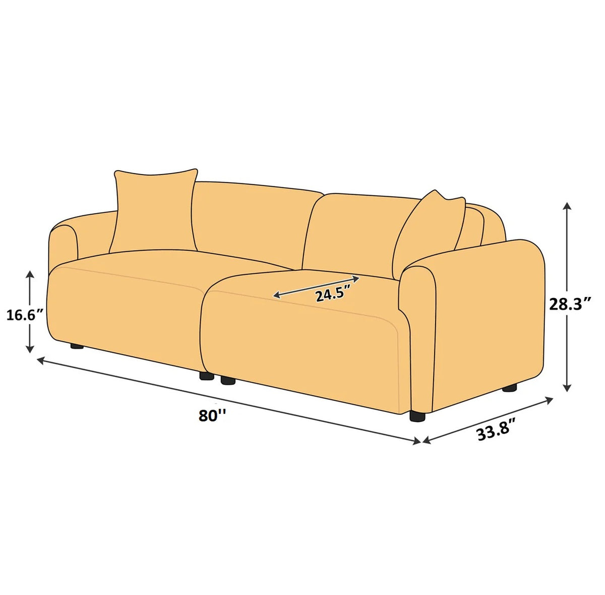 Yellow sofa with dimensions labeled on a white background