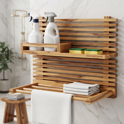 A wall-mounted wooden bathroom shelf set with three tiers, styled with cleaning supplies, sponges, folded towels, and a hanging towel bar, set against a white marble wall.