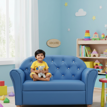 Child sitting on a blue couch in a colorful children's room with toys and books.
