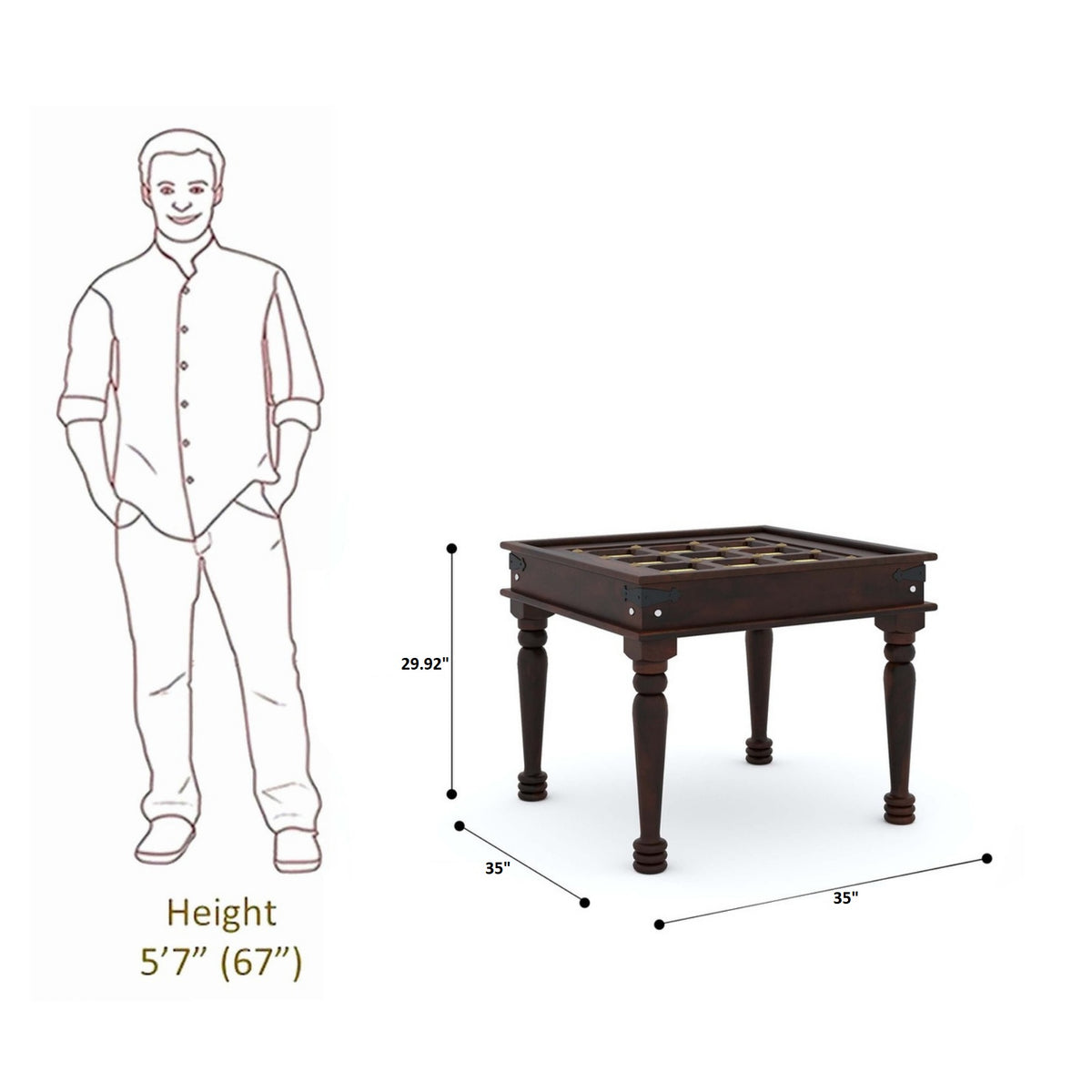 Measurement chart showing a man's height and a table with dimensions on a white background