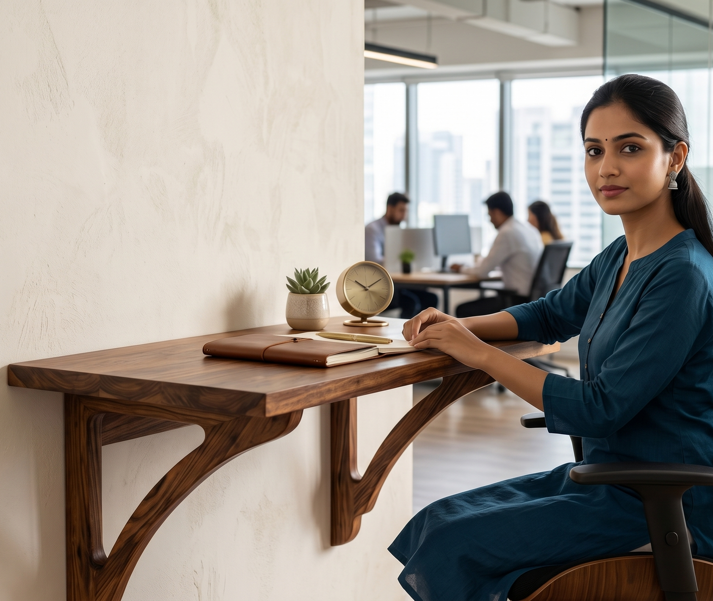 Woman sitting at a wall-mounted desk in an office setting