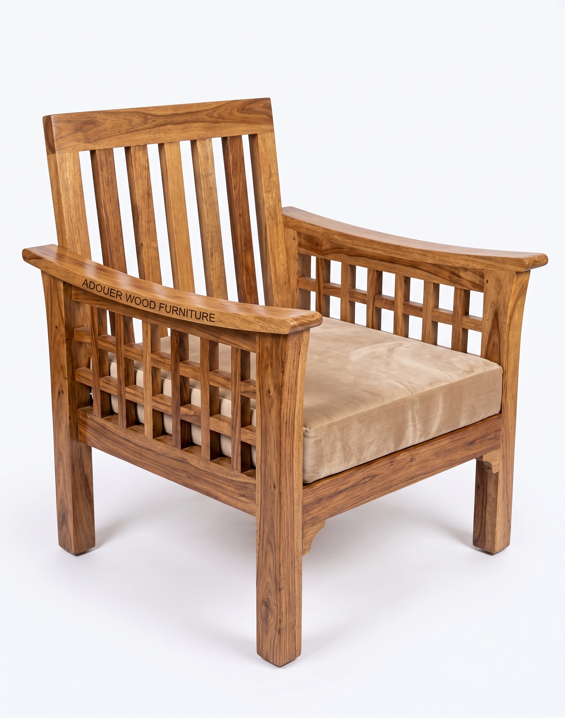 A wooden armchair with a slatted back and armrests, featuring a beige cushion on a white background. The brand name 'ADOUER WOOD FURNITURE' is engraved on the left armrest.