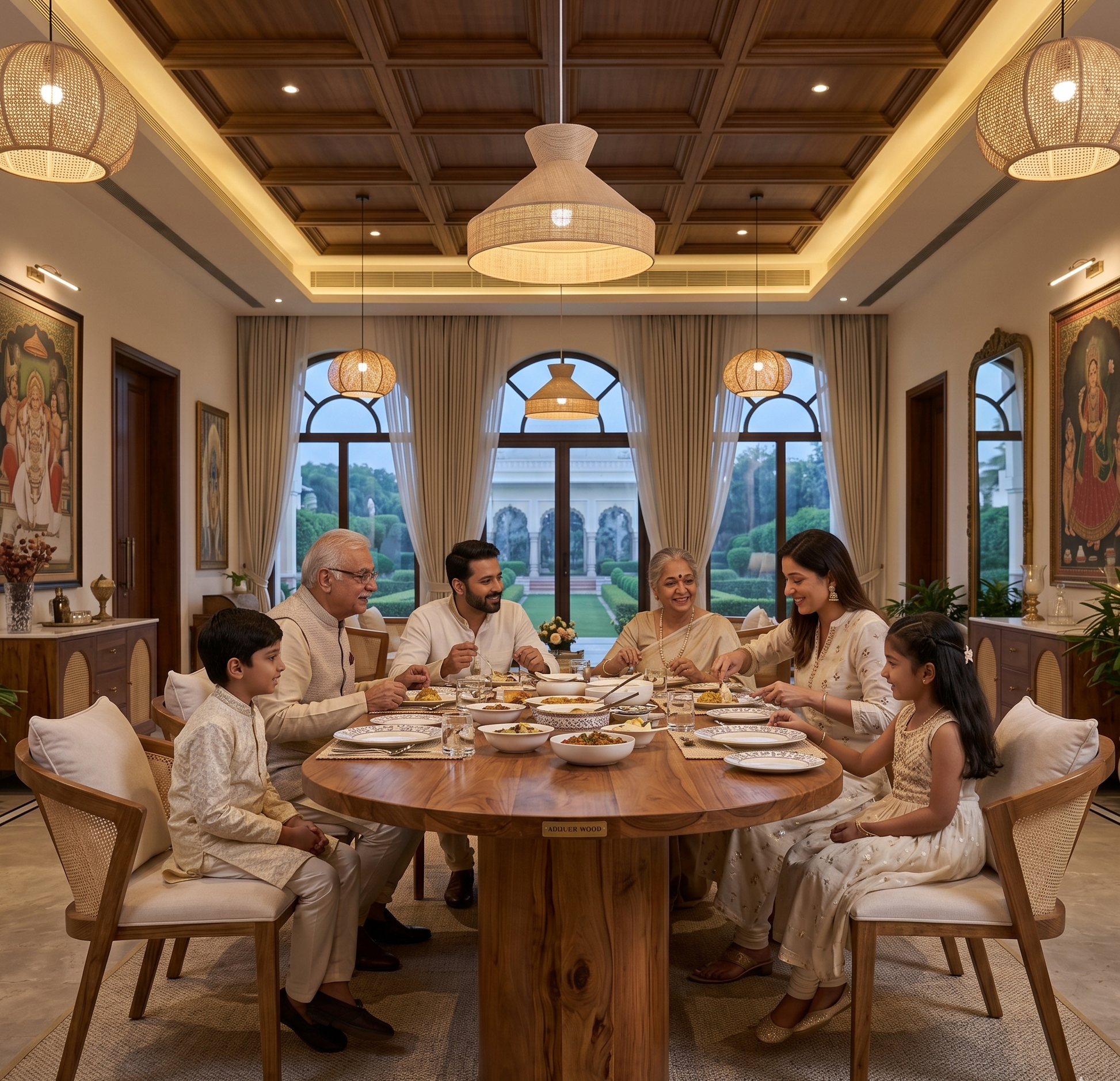 Family of five sitting around a wooden dining table in a well-lit room with large windows.
