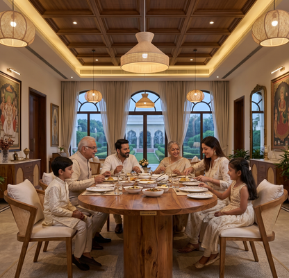 Family of five sitting around a wooden dining table in a well-lit room with large windows.