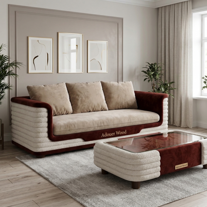 Beige and brown sofa with matching coffee table in a modern living room setting.