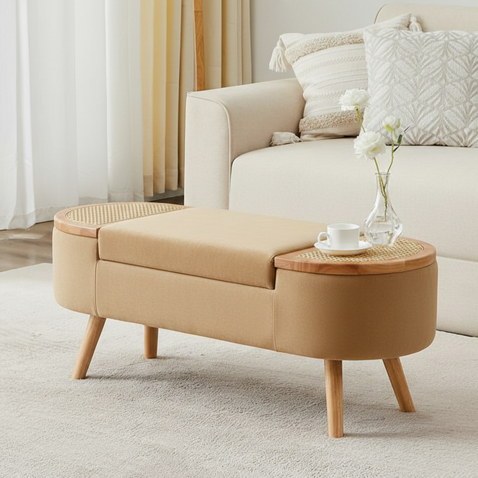 Beige ottoman with wooden top in a living room setting
