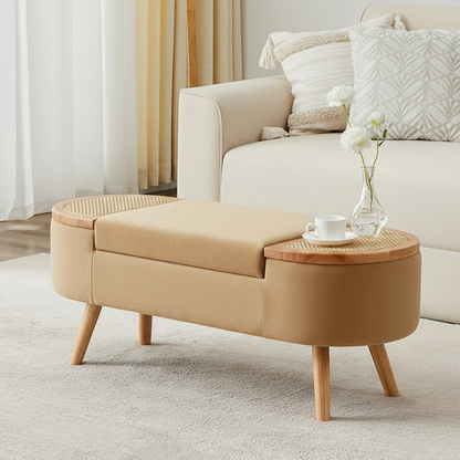 Beige ottoman with wooden top in a living room setting