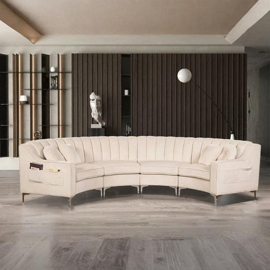 Beige sectional sofa in a modern living room setting with wooden flooring and decorative wall.