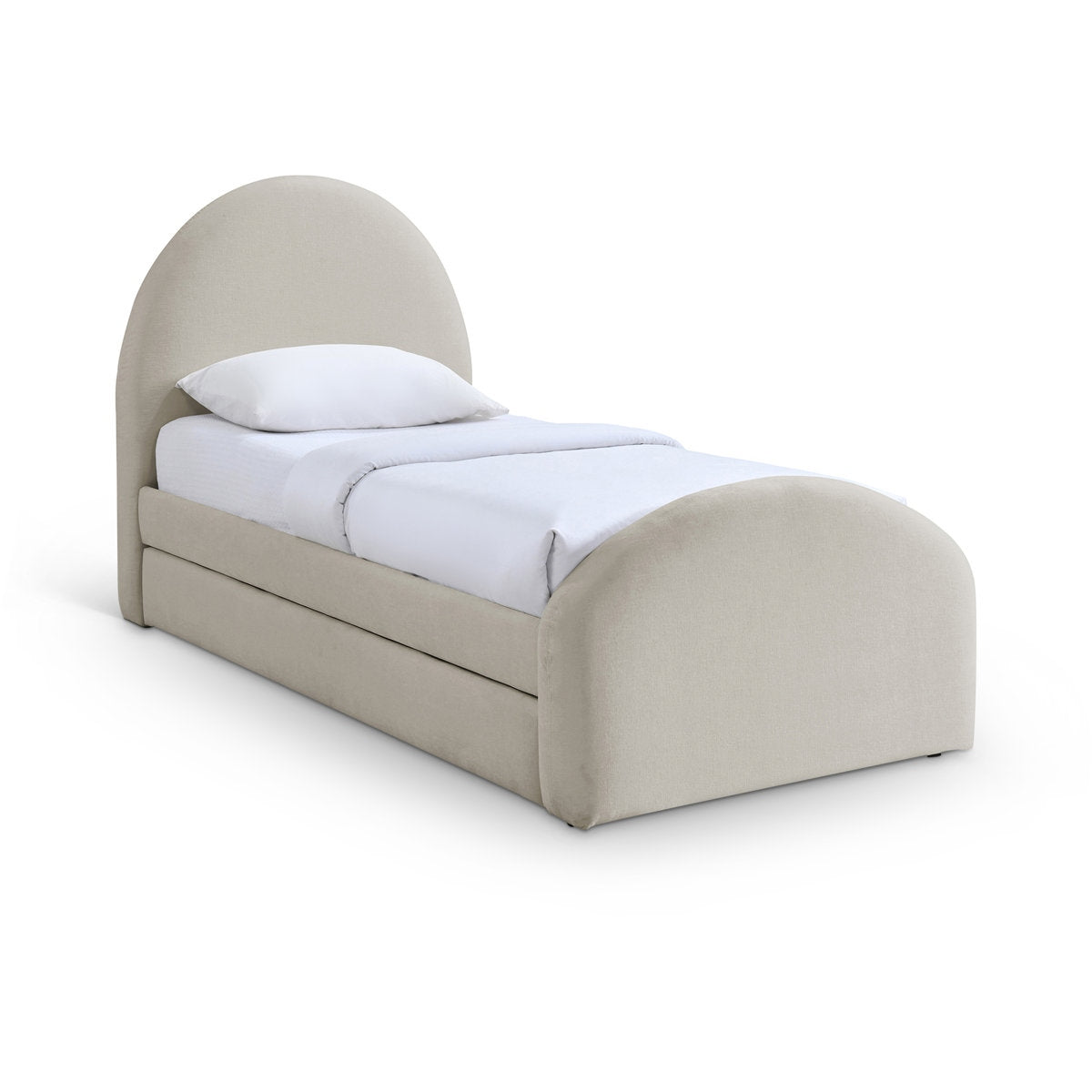 Beige upholstered bed with white bedding on a white background
