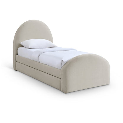 Beige upholstered bed with white bedding on a white background
