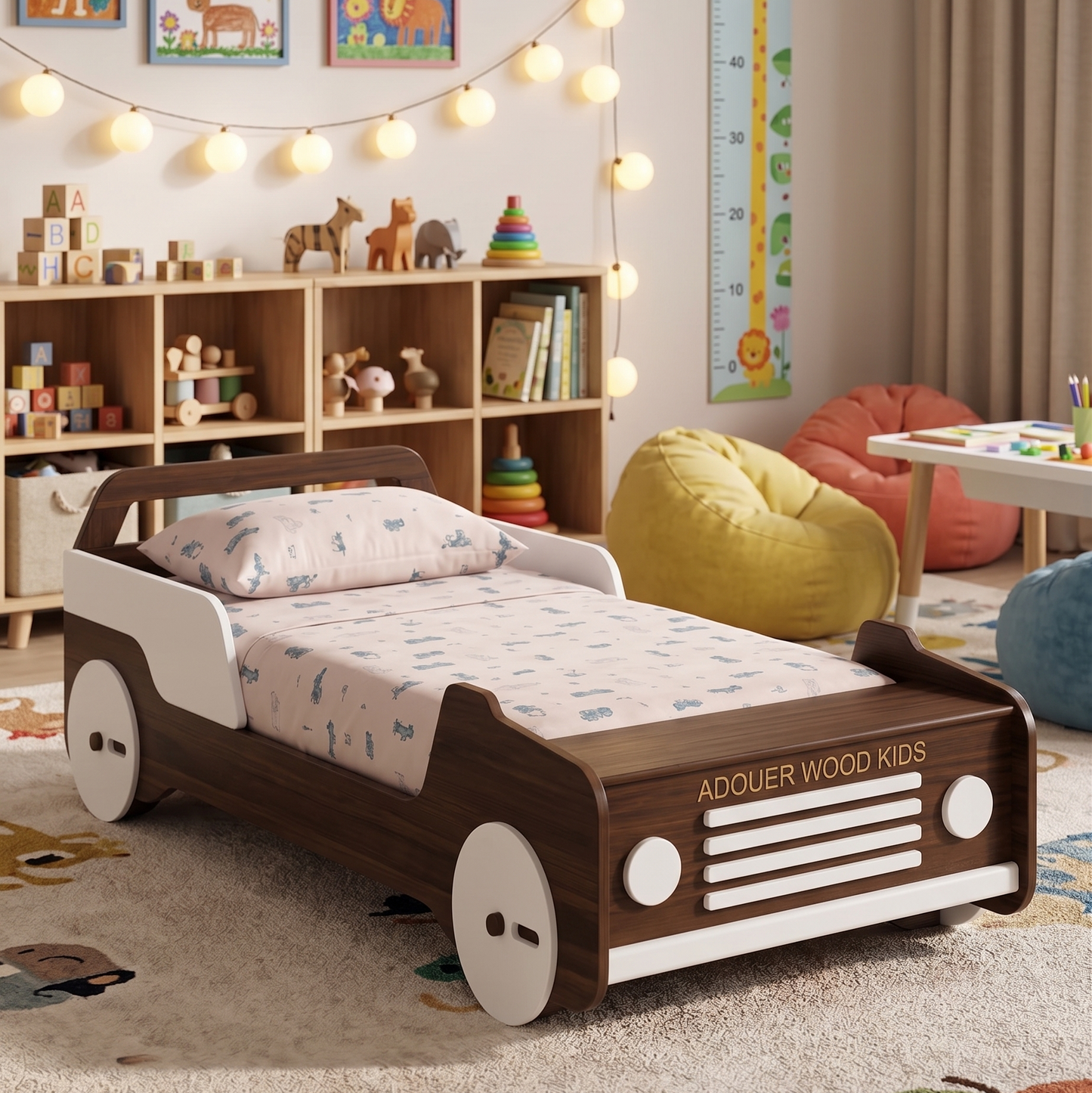 Children's bed designed like a car in a room with toys and books.