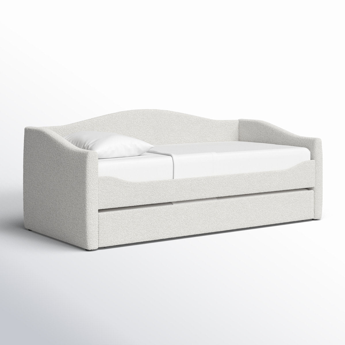 White upholstered bed with a drawer on a white background