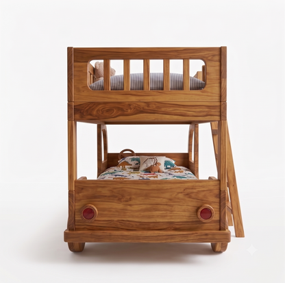 Wooden bunk bed with bedding on a white background