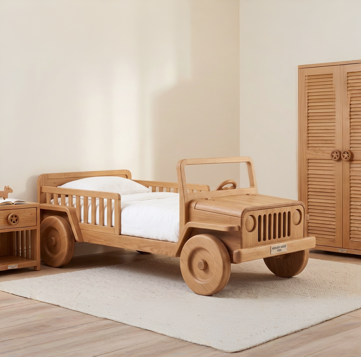 Wooden children's bed designed like a car in a room with a wardrobe.