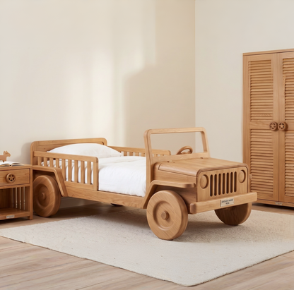 Wooden children's bed designed like a car in a room with a wardrobe.