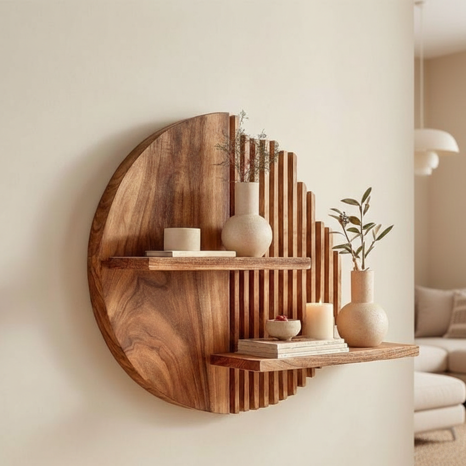 Wooden wall shelf with decorative items in a living room setting