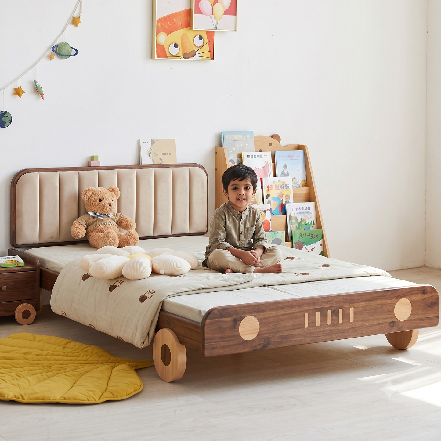 Child sitting on a wooden bed with teddy bear and books in a room.