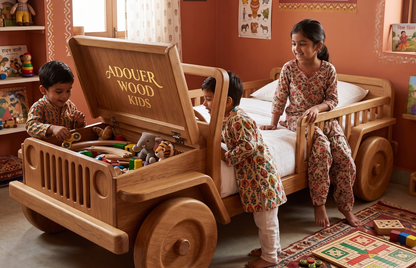 Children playing on a wooden toy truck bed with 'ADOUER WOOD Kids' branding.