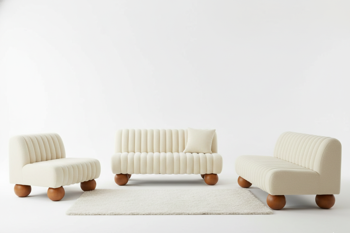 Set of three modern chairs in cream color with wooden legs on a white background