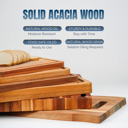 Set of wooden cutting boards with text highlighting features on a light gray background